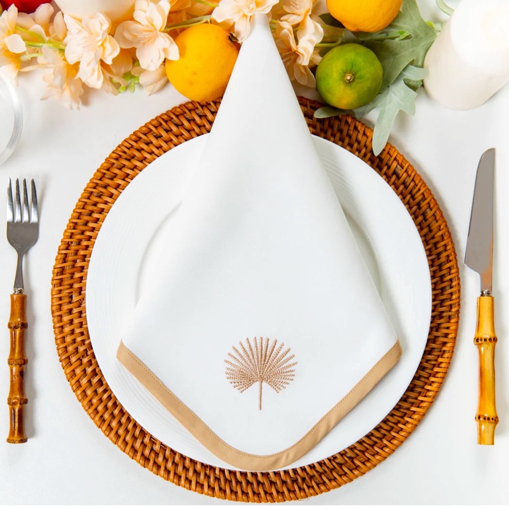Coastal Napkin, Embroidered Palm Leaf, Neutral Tan, 20"x20" 4 SET